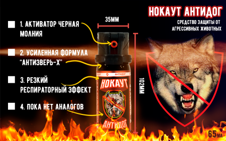 Баллончик AntiDog НОКАУТ 65мл (Струйный-Аэрозоль "ЧернаяМолния")